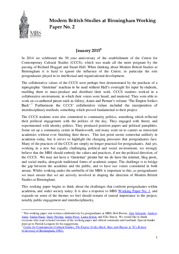 (PDF) 'Working Paper Number 2’, Modern British Studies