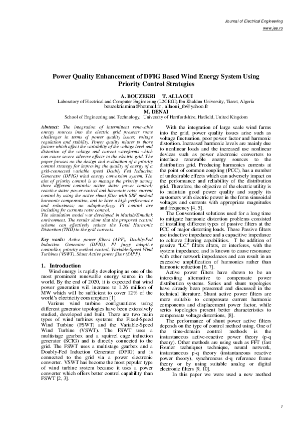 (PDF) Power Quality Enhancement of DFIG Based Wind Energy System Using ...