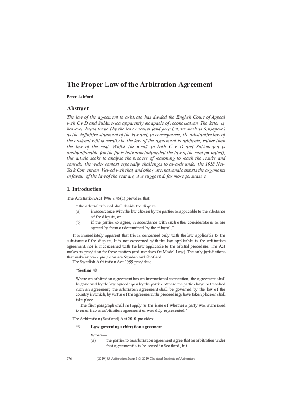 (PDF) The Proper Law of the Arbitration Agreement