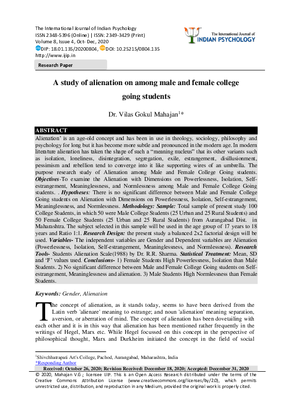 (PDF) A study of alienation on among male and female college going students