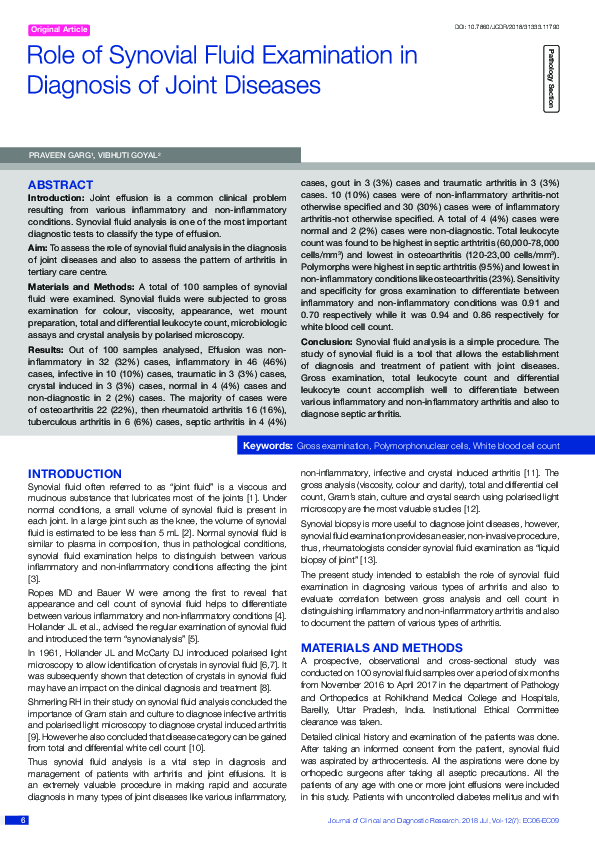(PDF) Role of Synovial Fluid Examination in Diagnosis of Joint Diseases