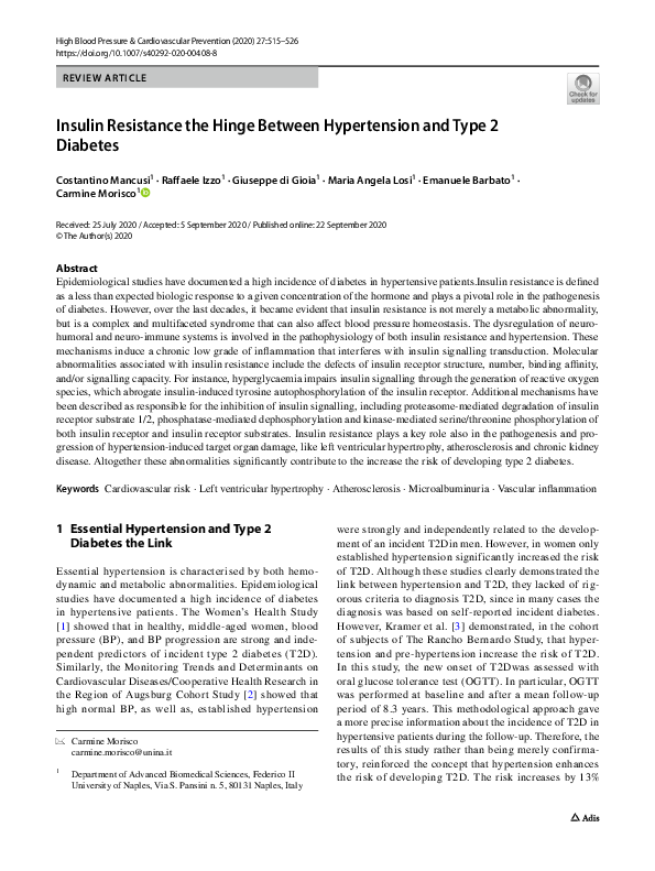 (PDF) Insulin Resistance the Hinge Between Hypertension and Type 2 Diabetes