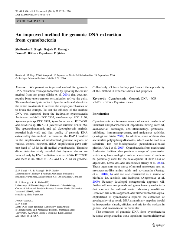(PDF) An improved method for genomic DNA extraction from cyanobacteria