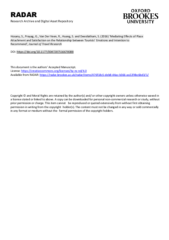(PDF) Mediating Effects of Place Attachment and Satisfaction on the ...