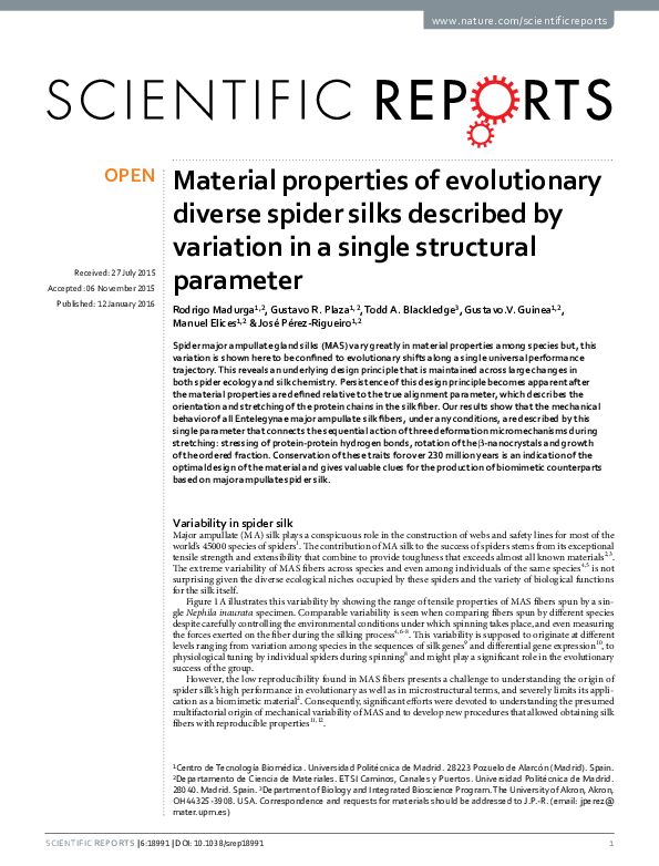 (PDF) Material properties of evolutionary diverse spider silks ...