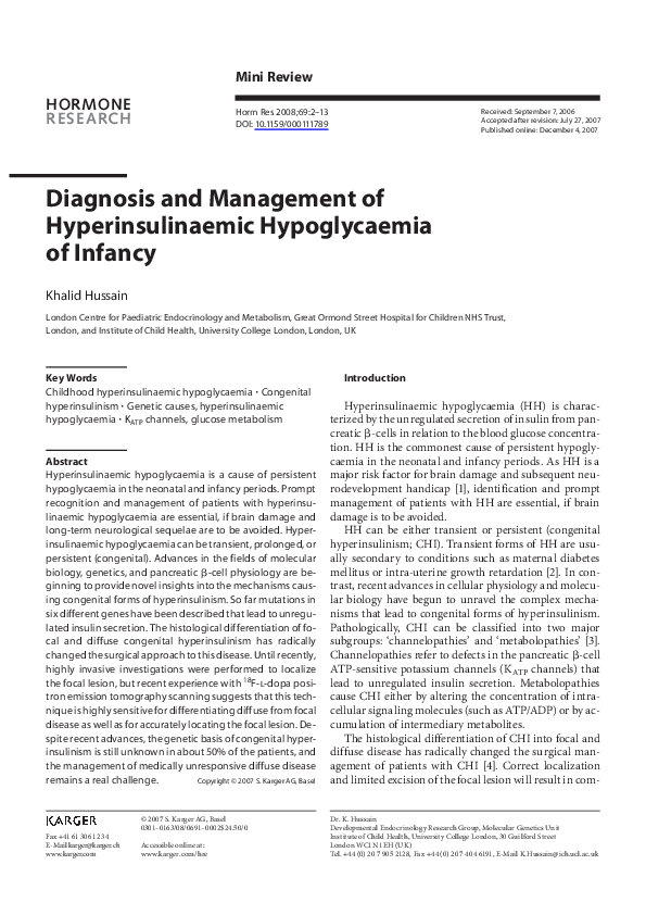 (PDF) Diagnosis and Management of Hyperinsulinaemic Hypoglycaemia of ...