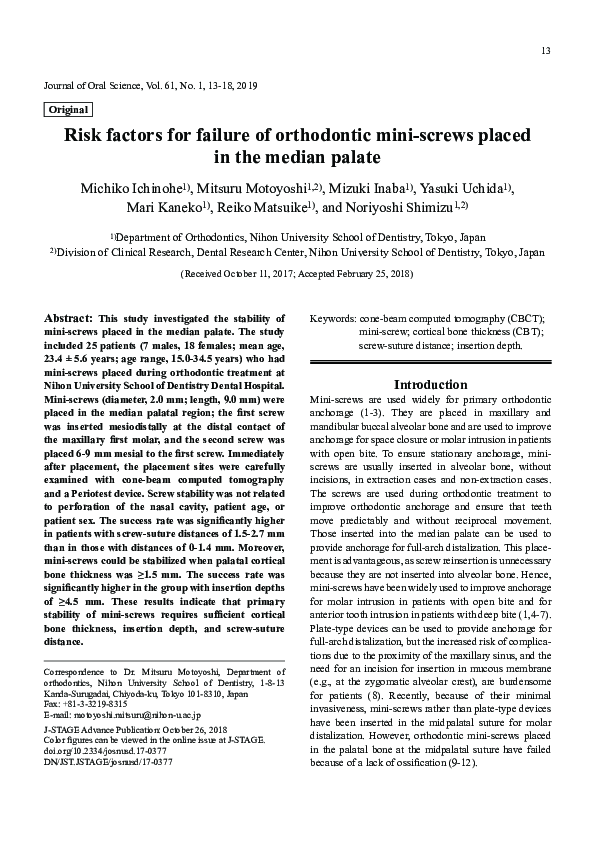 (PDF) Risk factors for failure of orthodontic mini-screws placed in the ...