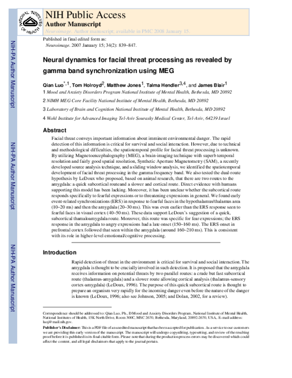 (PDF) Neural dynamics for facial threat processing as revealed by gamma ...