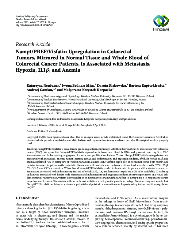 (PDF) Nampt/PBEF/Visfatin Upregulation in Colorectal Tumors, Mirrored ...