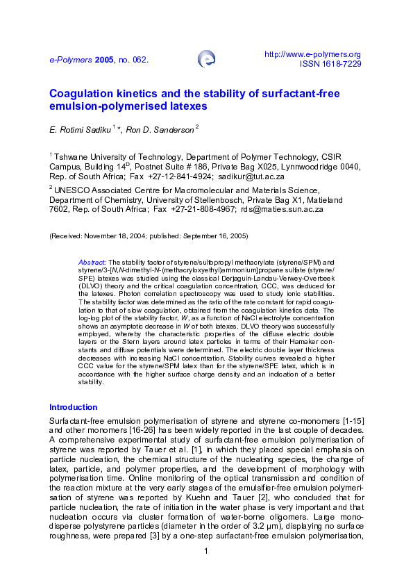 (PDF) Coagulation kinetics and the stability of surfactant-free ...