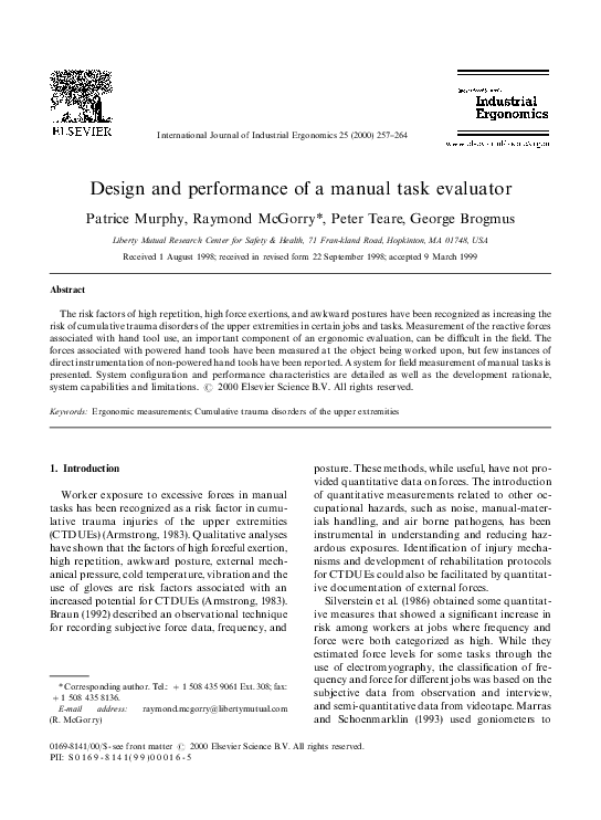 (PDF) Design and performance of a manual task evaluator