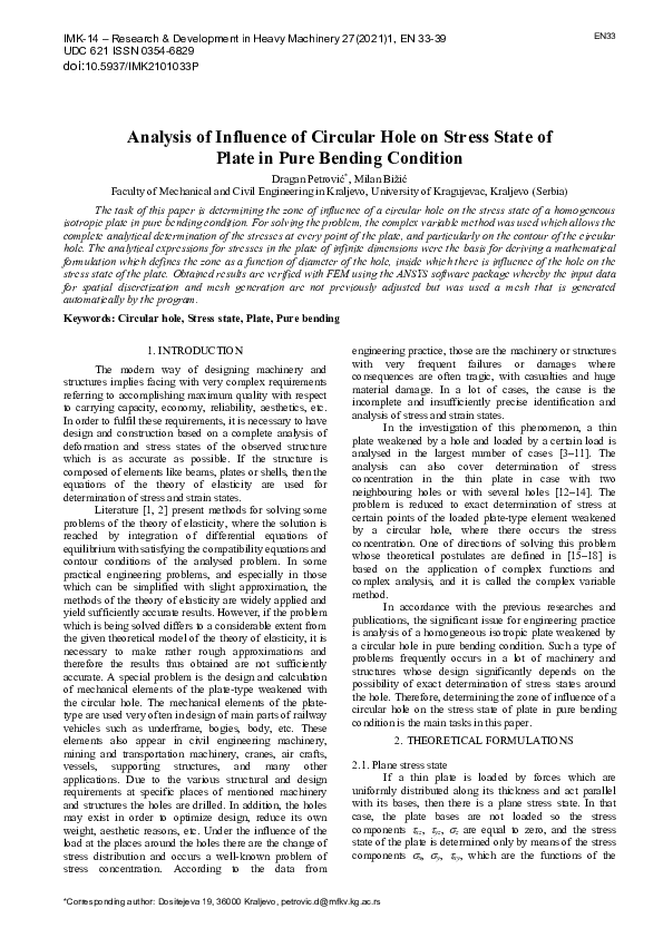 (PDF) Analysis of influence of circular hole on stress state of plate ...