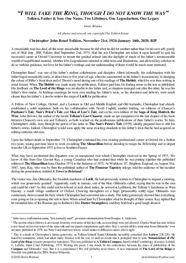 (PDF) One Name Two Lifetimes One Legendarium One Legacy: Christopher ...