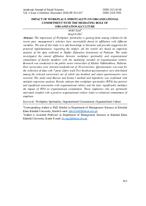 (PDF) Impact of Workplace Spirituality on Organizational Commitment ...
