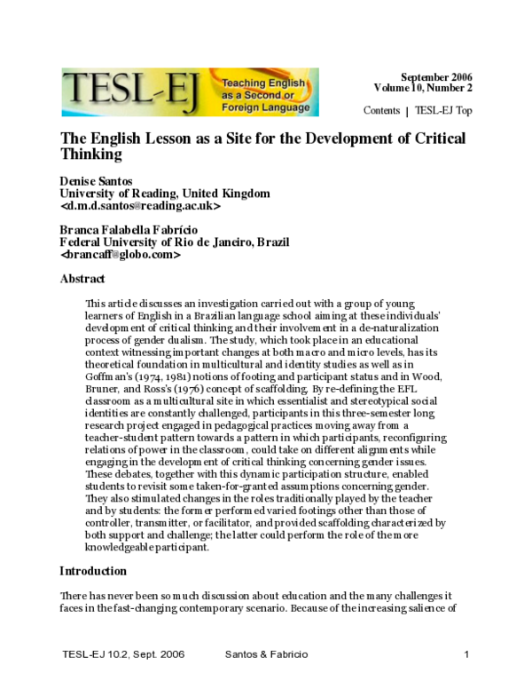 (PDF) The English Lesson as a Site for the Development of Critical Thinking