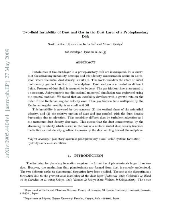 (PDF) Two-fluid instability of dust and gas in the dust layer of a ...