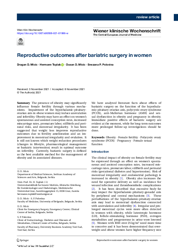 (PDF) Reproductive outcomes after bariatric surgery in women