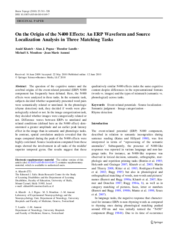 (PDF) On the Origin of the N400 Effects: An ERP Waveform and Source ...
