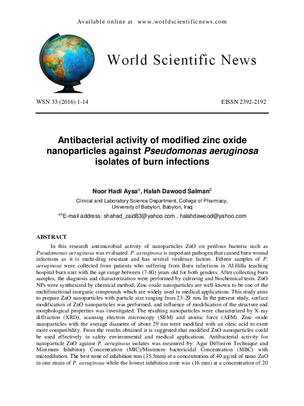 (PDF) Antibacterial activity of modified zinc oxide nanoparticles ...