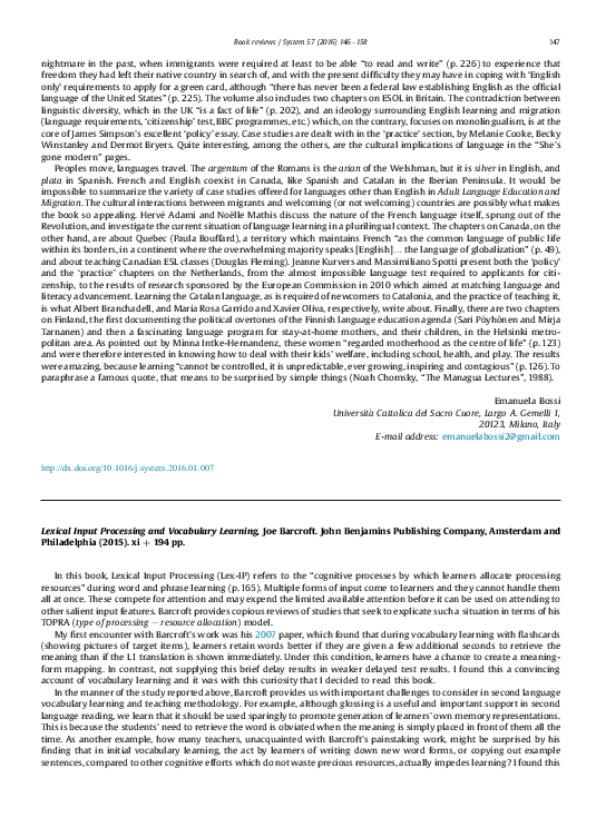 (PDF) Lexical Input Processing and Vocabulary Learning