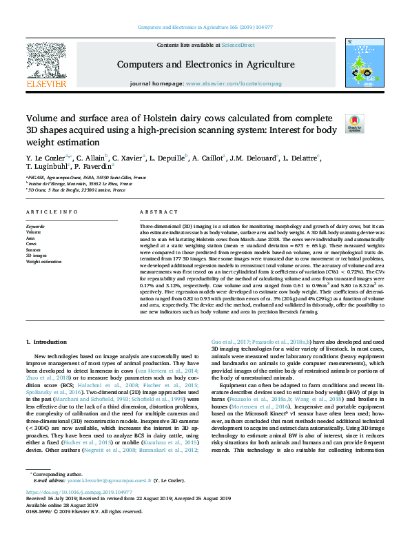 (PDF) Volume and surface area of Holstein dairy cows calculated from ...