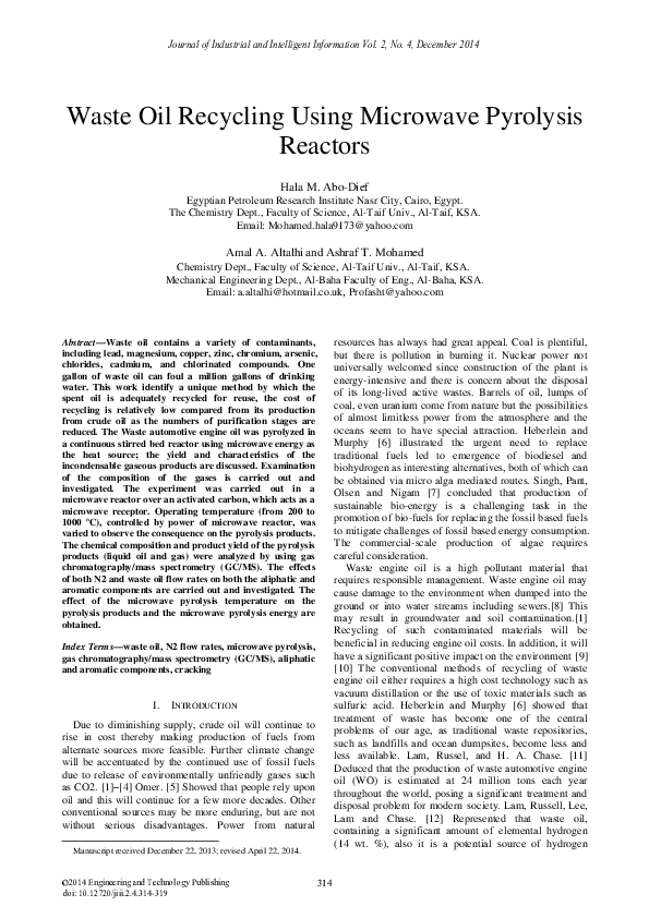 (PDF) Waste Oil Recycling Using Microwave Pyrolysis Reactors
