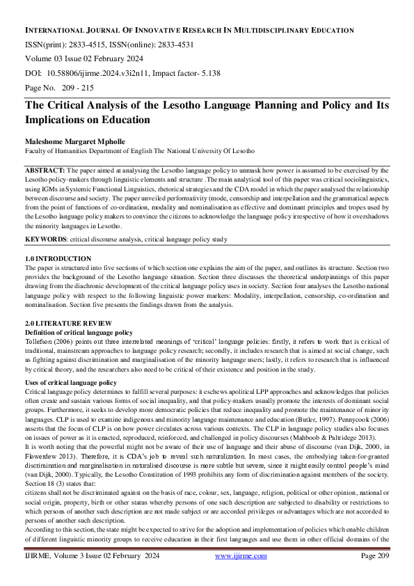 (PDF) The Critical Analysis of the Lesotho Language Planning and Policy ...
