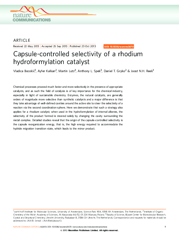 (PDF) Capsule-controlled selectivity of a rhodium hydroformylation catalyst