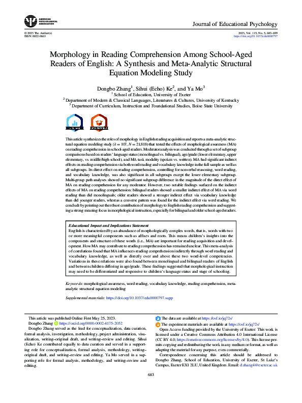 (PDF) Morphology in reading comprehension among school-aged readers of ...