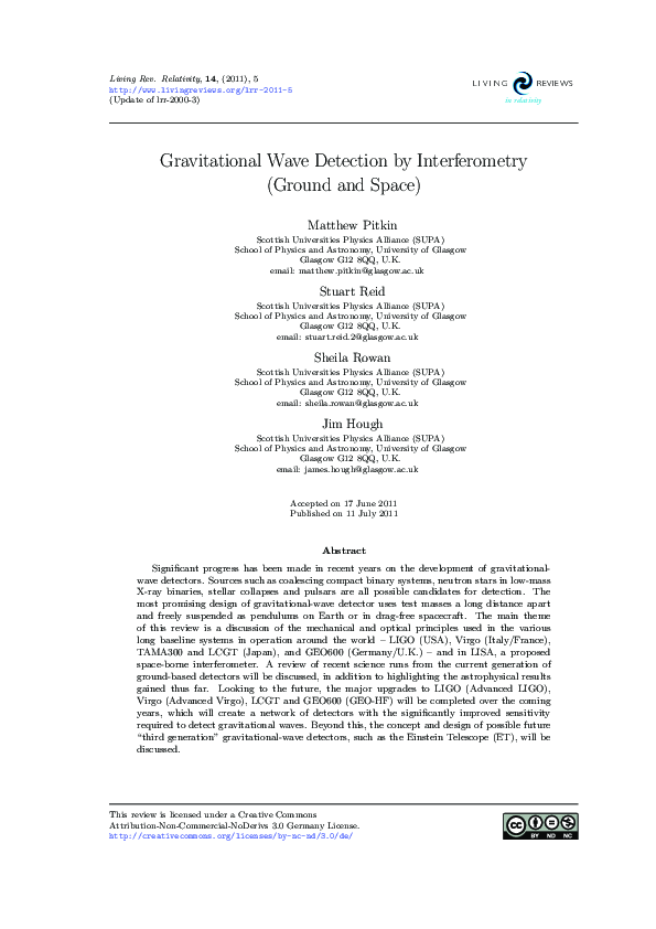 (PDF) Gravitational Wave Detection by Interferometry (Ground and Space)