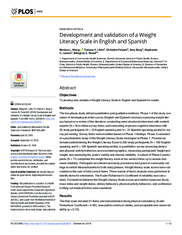 (PDF) Development and validation of a Weight Literacy Scale in English ...