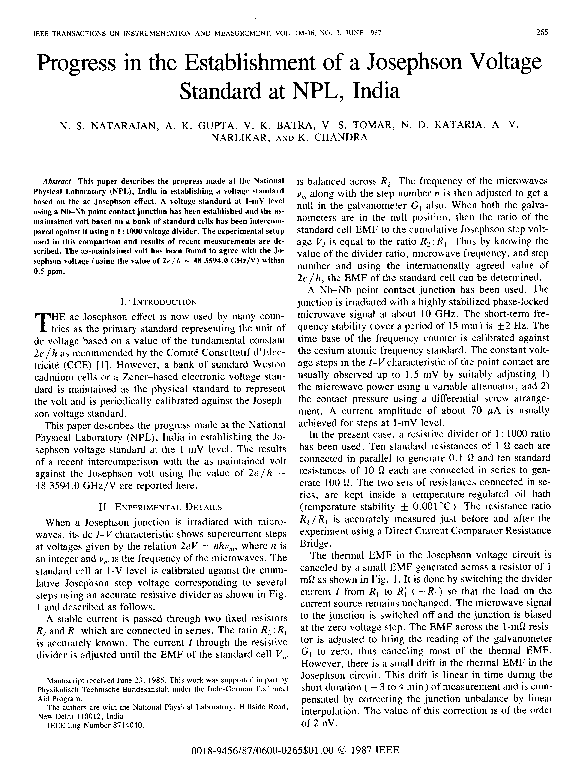 (PDF) Progress in the establishment of a Josephson voltage standard at ...