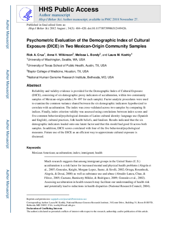 (PDF) Psychometric Evaluation of the Demographic Index of Cultural ...