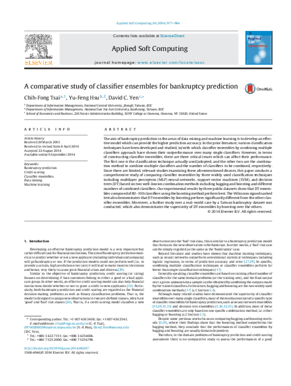 (PDF) A comparative study of classifier ensembles for bankruptcy prediction