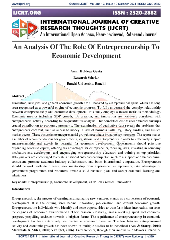 (PDF) An Analysis Of The Role Of Entrepreneurship To Economic Development
