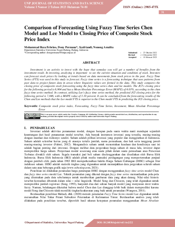 (PDF) Comparison of Forecasting Using Fuzzy Time Series Chen Model and ...