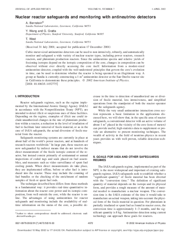 (PDF) Nuclear reactor safeguards and monitoring with antineutrino detectors