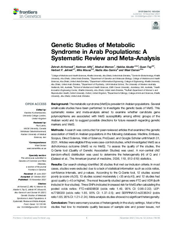(PDF) Genetic Studies of Metabolic Syndrome in Arab Populations: A ...