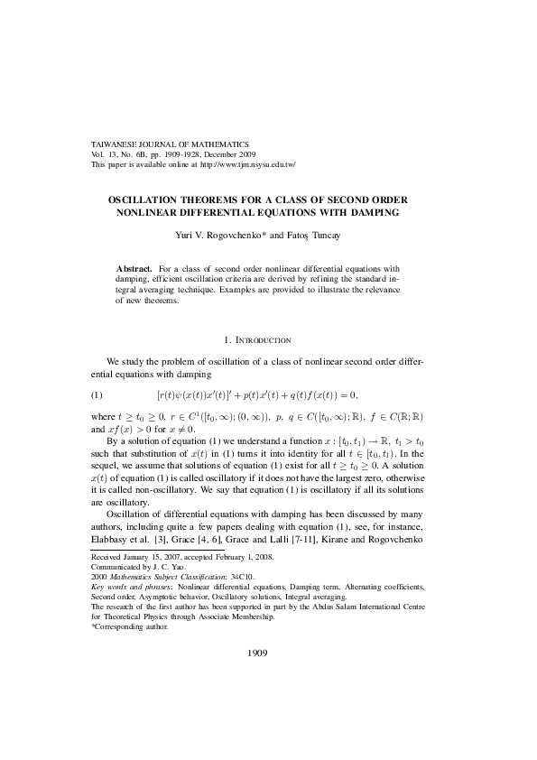(PDF) Oscillation Theorems for a Class of Second Order Nonlinear ...