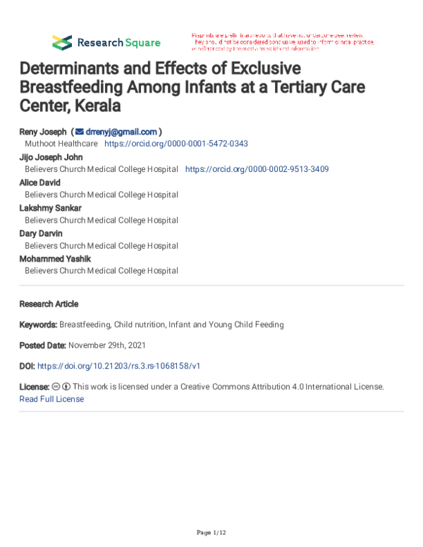 (PDF) Determinants and Effects of Exclusive Breastfeeding Among Infants ...