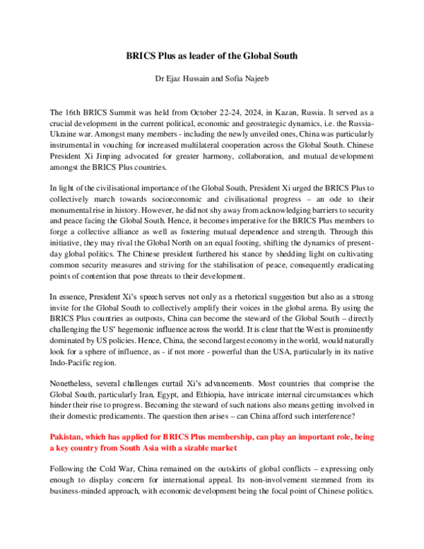 (PDF) BRICS Plus as leader of the Global South