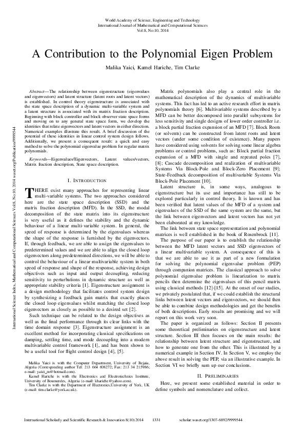 Pdf A Contribution To The Polynomial Eigen Problem