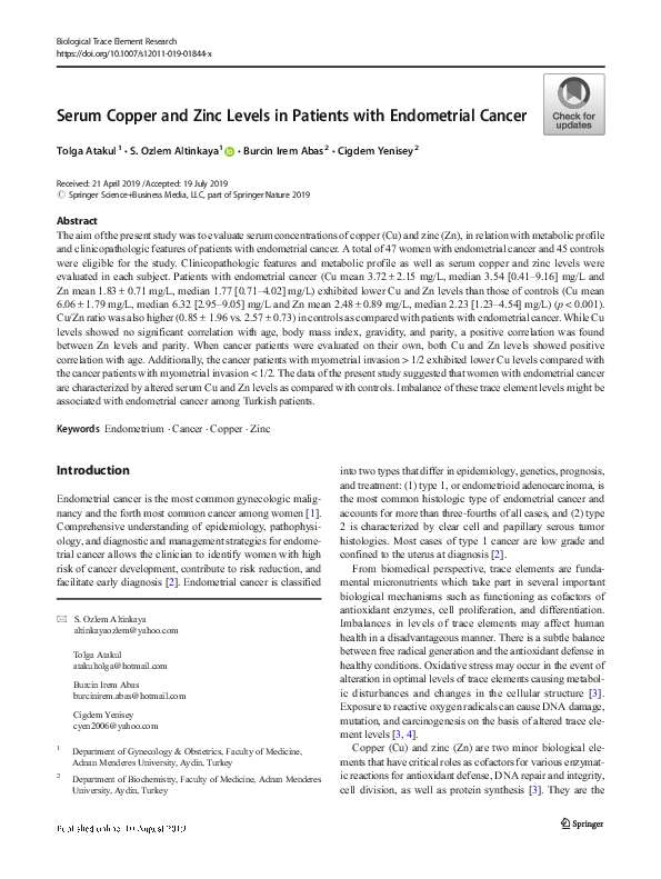 (PDF) Serum Copper and Zinc Levels in Patients with Endometrial Cancer