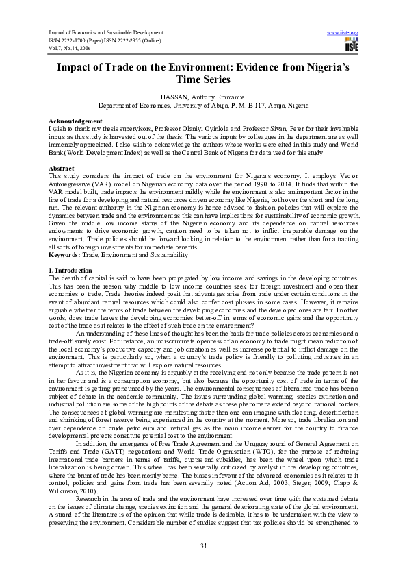 (PDF) Impact of Trade on the Environment: Evidence from Nigeria's Time ...