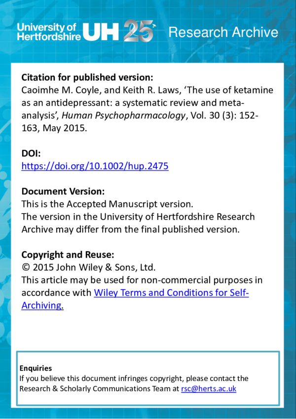 (PDF) The use of ketamine as an antidepressant: a systematic review and ...