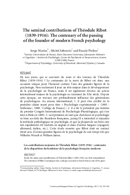 (PDF) The seminal contributions of Théodule Ribot (1839-1916): The ...
