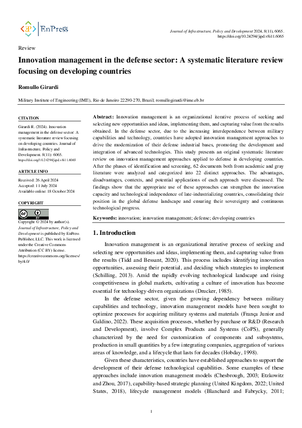 (PDF) Innovation management in the defense sector: A systematic ...