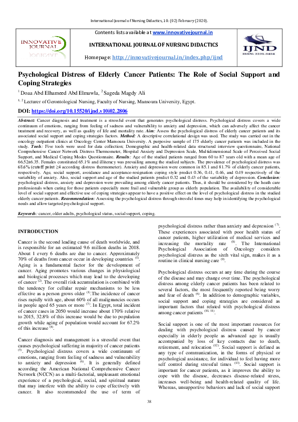 (PDF) Psychological Distress of Elderly Cancer Patients: The Role of ...