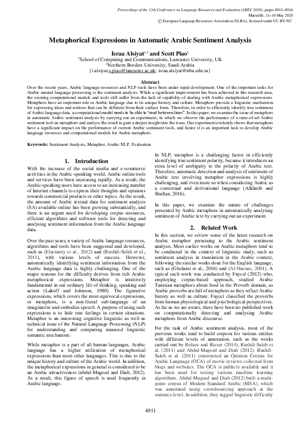 (PDF) Metaphorical Expressions in Automatic Arabic Sentiment Analysis
