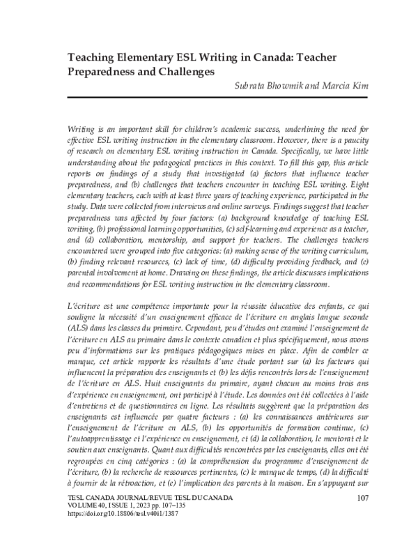 (PDF) Teaching Elementary ESL Writing in Canada